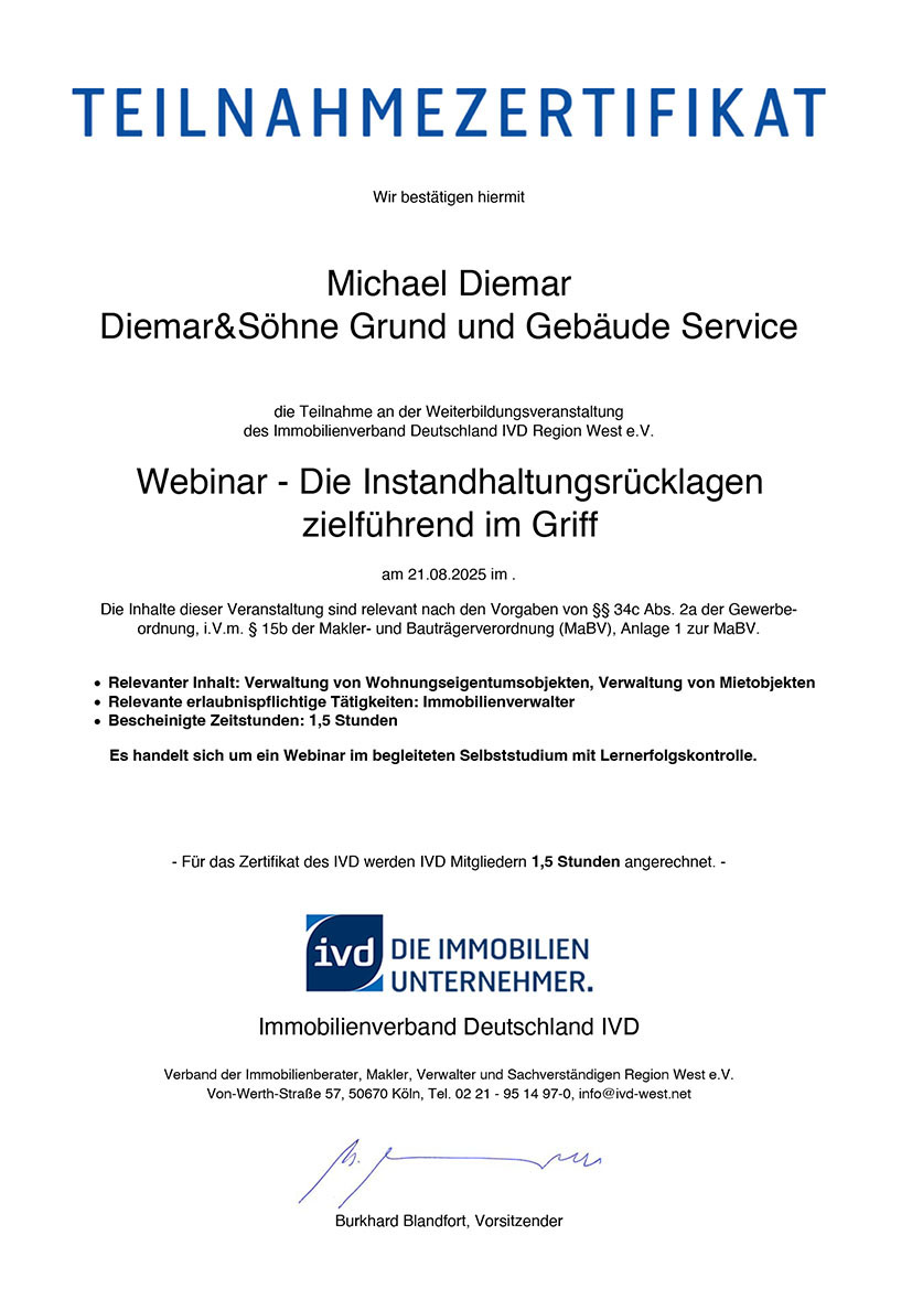Zertifikat Michael Diemar Instandhaltungsrücklagen