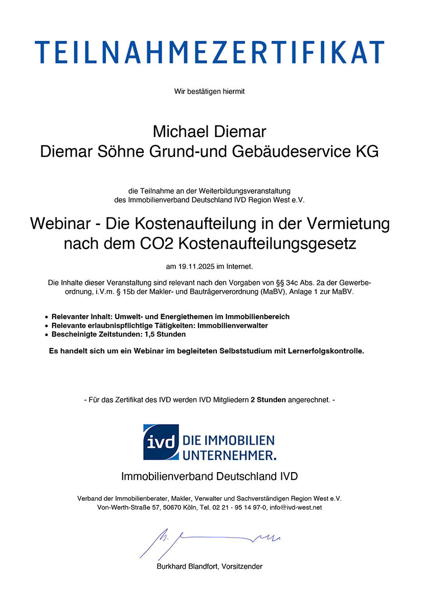 Zertifikat Michael Diemar Kostenaufteilung in der Vermietung