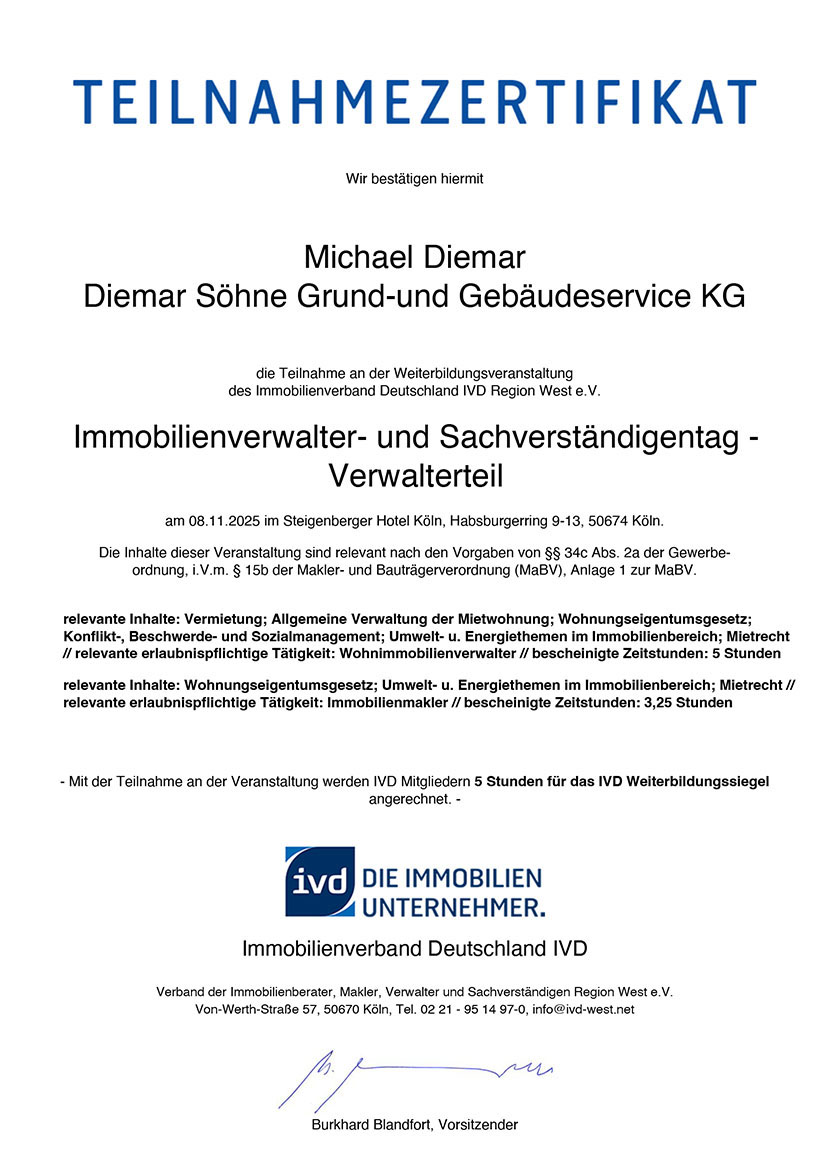 Zertifikat Michael Diemar Sachverständigentag